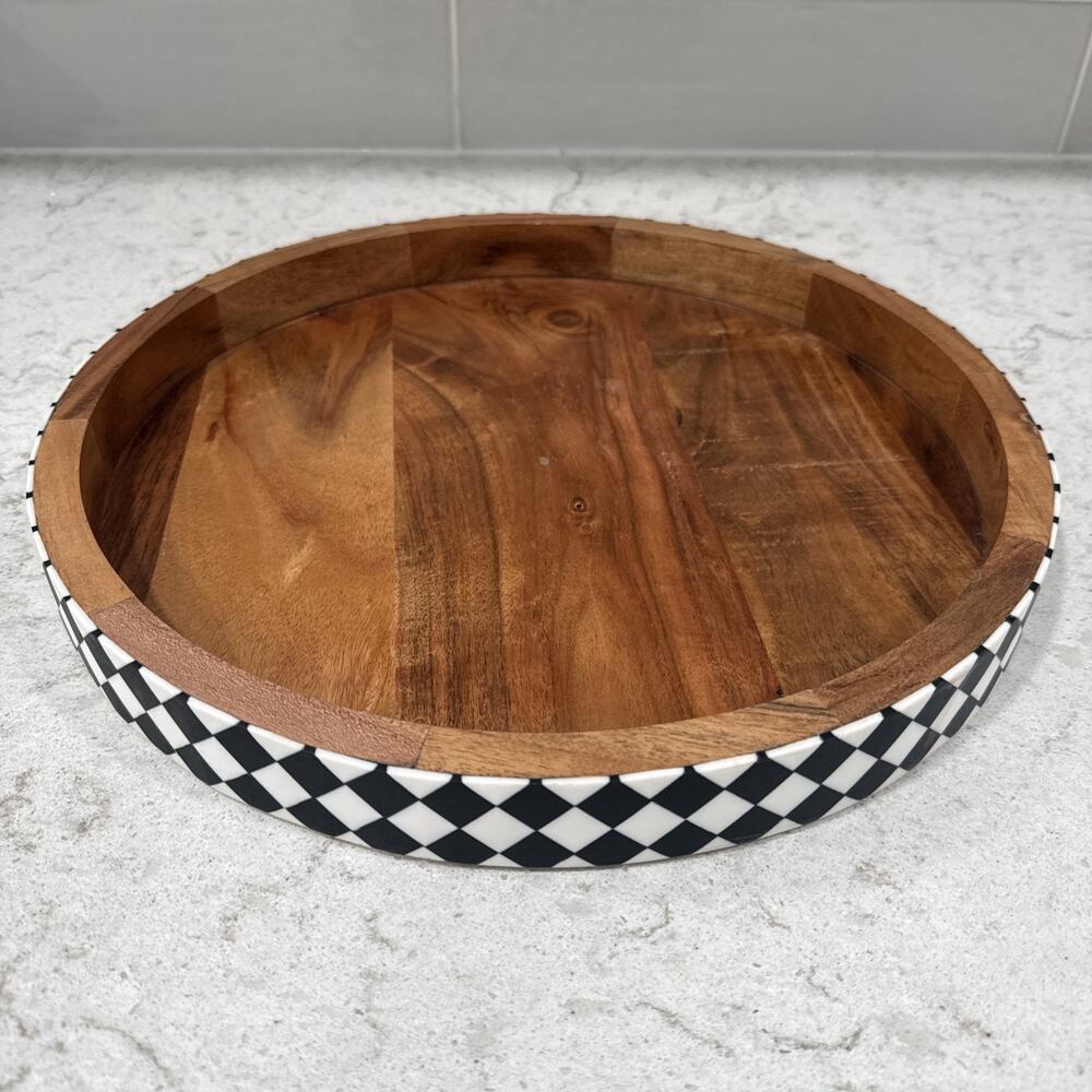 Checkered Black & White Enamel Inlay Wood 14” Round Table Scape Tray Riser NEW